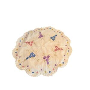 Vintage Hand Embroidered Round Tablecloth with Scalloped Edge Pastels
